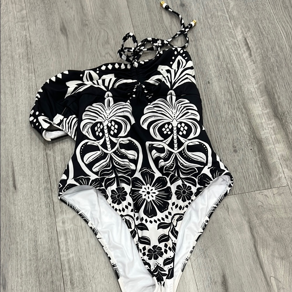 Farm Rio Black Flowers Leopards One-Piece Swimsuit - Picture 2 of 7